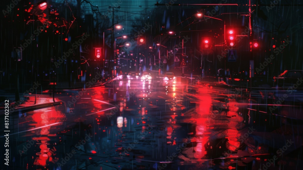 Poster nighttime scene with traffic lights glowing red, illuminating the wet pavement after a rainstorm.