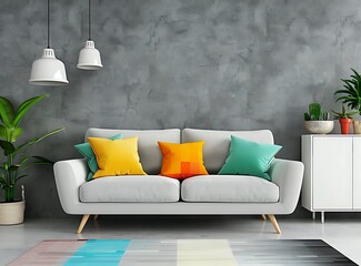 A modern living room interior with grey walls, sofa and colorful pillows near a white cabinet on a concrete floor