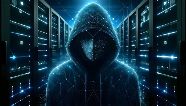a hooded figure standing amidst rows of servers, symbolizing the enigmatic and pervasive presence of cybersecurity threats in the digital age