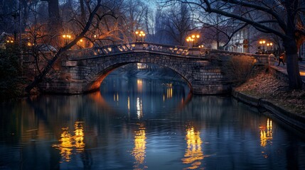 Old stone bridge illuminated by the soft glow of street lamps, reflecting in the calm waters of a...