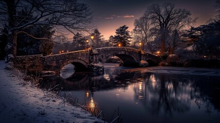 Old stone bridge illuminated by the soft glow of street lamps, reflecting in the calm waters of a...