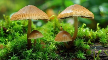 Fototapeta premium Pair of mushrooms growing side by side on a mossy log, symbolizing nature's resilience and beauty.