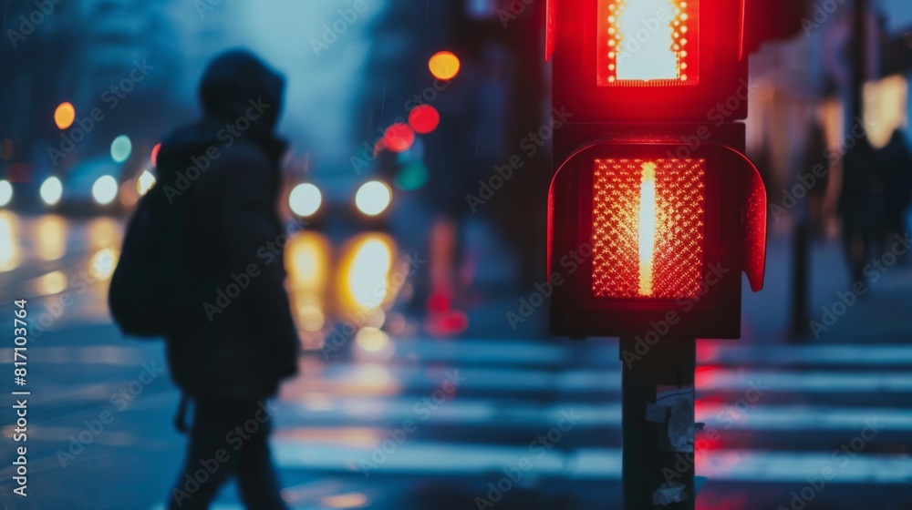 Poster pedestrian waiting at a crosswalk, with a close-up of the red pedestrian signal and traffic light in