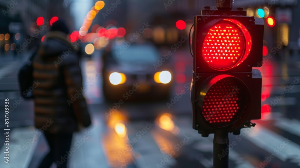 Poster pedestrian waiting at a crosswalk, with a close-up of the red pedestrian signal and traffic light in