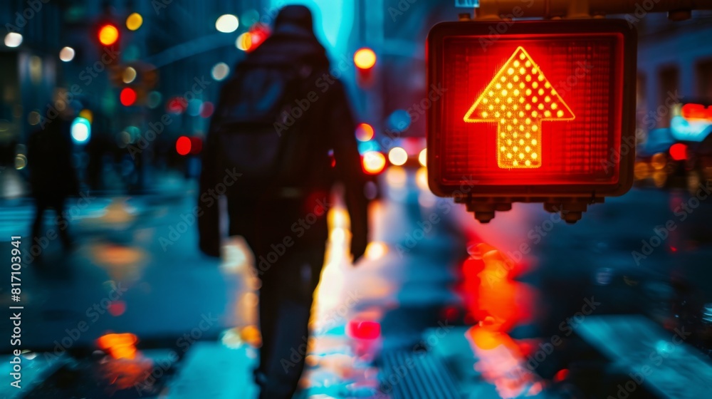 Poster pedestrian waiting at a crosswalk, with a close-up of the red pedestrian signal and traffic light in