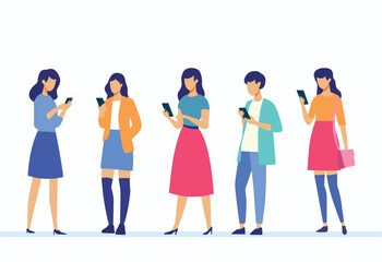 Obraz premium A set of illustration of mobile user. Characters with smartphones in hands. Men, women use cellphones. Flat vector illustration isolated on white background