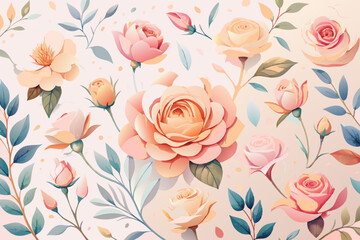 Peach rose flower watercolor seamless pattern