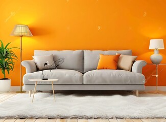 Beautiful interior of a living room with a gray sofa against an orange wall, a white carpet, and a side table with a lamp