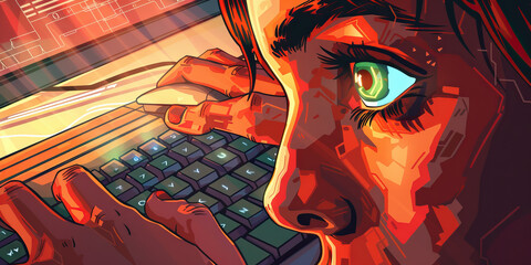 A Netrunner, eyes glued to their monitor, hands flying across the keyboard as they navigate the digital realm
