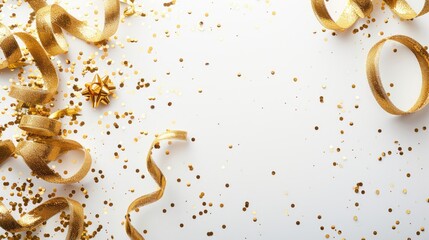 Golden Confetti Dance: Sparkling Ribbons Soar on White Canvas