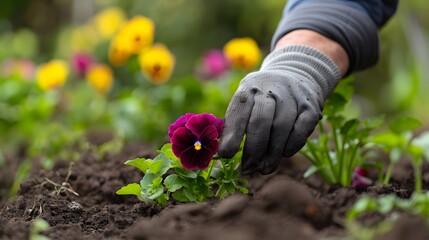 Fototapeta premium Planting In Garden A Pansy Flower