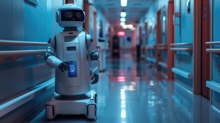 Obraz premium A healthcare robot in a modern hospital corrido, Automation for improved patient care