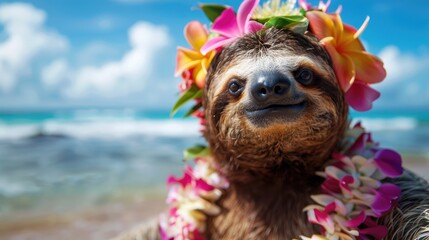 Obraz premium Summer background, A Sloth with hawaiian costume tropical palm and beach background, Generative AI