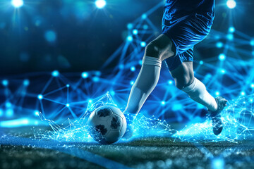 Soccer player in blue kicking ball on digitally enhanced field with blue light and network connections