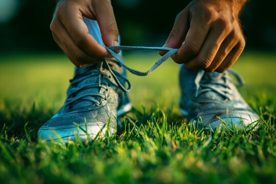 Hands tying shoelace on soccer cleat on grass field during sunset