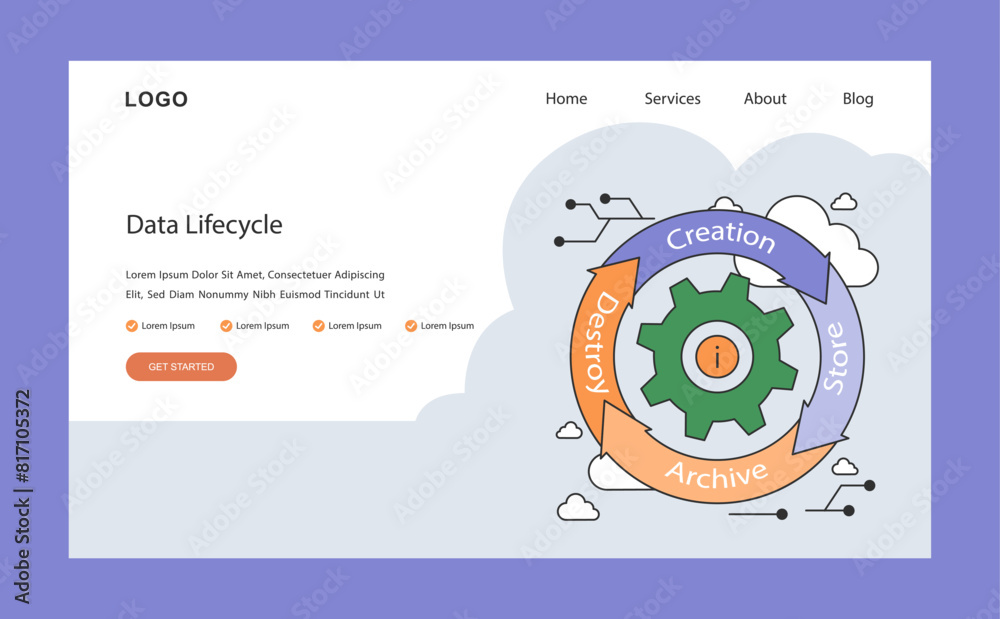 Poster data lifecycle web or landing. efficient flow from data creation