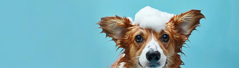 Cheerful Corgi dog enjoying a bath with soap foam on its head, featuring a blue background and ample copy space for a fun and engaging image