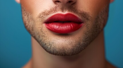 Fototapeta premium A man is shown up close with bright red lips