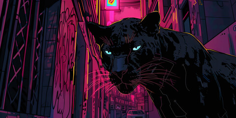 A sleek, black panther-like cybernetic feline prowls through the shadows of a neon-lit alley.