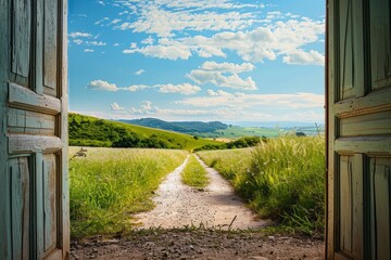 Fototapeta premium Pathway to Opportunity: An Open Door to a Bright Future Landscape