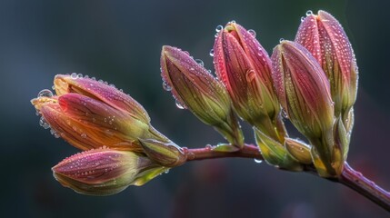 Rain-soaked flower buds beginning to unfurl, with droplets clinging to their delicate petals like liquid jewels.