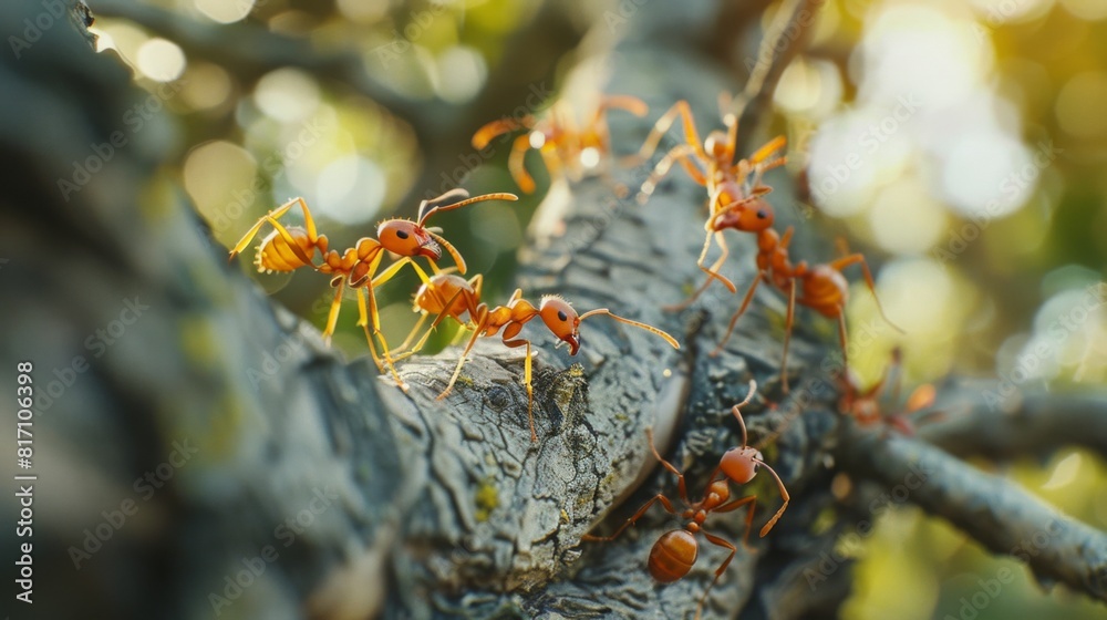 Aufkleber Red ants building a nest in the branches of a tree, showcasing their complex and coordinated construction efforts.