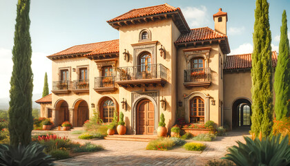 Obraz premium Rustic Mexican colonial style hacienda with a warm and welcoming facade; textured adobe walls, red and yellow tile roofs and arched entrance with ornamental ironwork and vast greenery in the courtyard