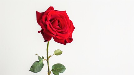 A vibrant red rose stands alone against a crisp white backdrop