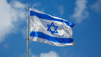 Israeli national flag fluttering in the wind against a clear sky