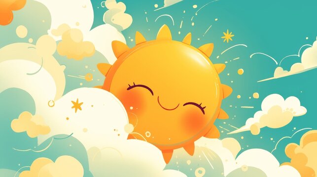 Cheerful Get Well Soon Card with Smiling Sun and Clouds Illustration