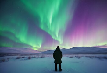 In a serene Northern landscape, a pensive individual gazes at the aurora borealis, their eyes reflecting the spectacle, amid dramatic lighting and ultra-clear digital painting.
