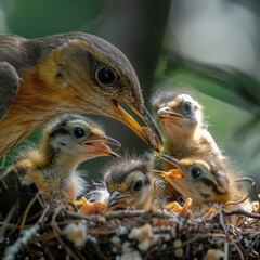 Fototapeta premium A bird feeding its chicks with worms