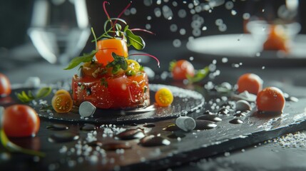 Exquisite close-up of a gourmet steak topped with caramelized peach, served with fresh vegetables and artistic sauce splatter.