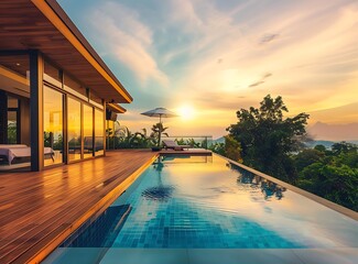 A modern luxury villa with a wooden deck and swimming pool in the tropical area of Thailand at sunset