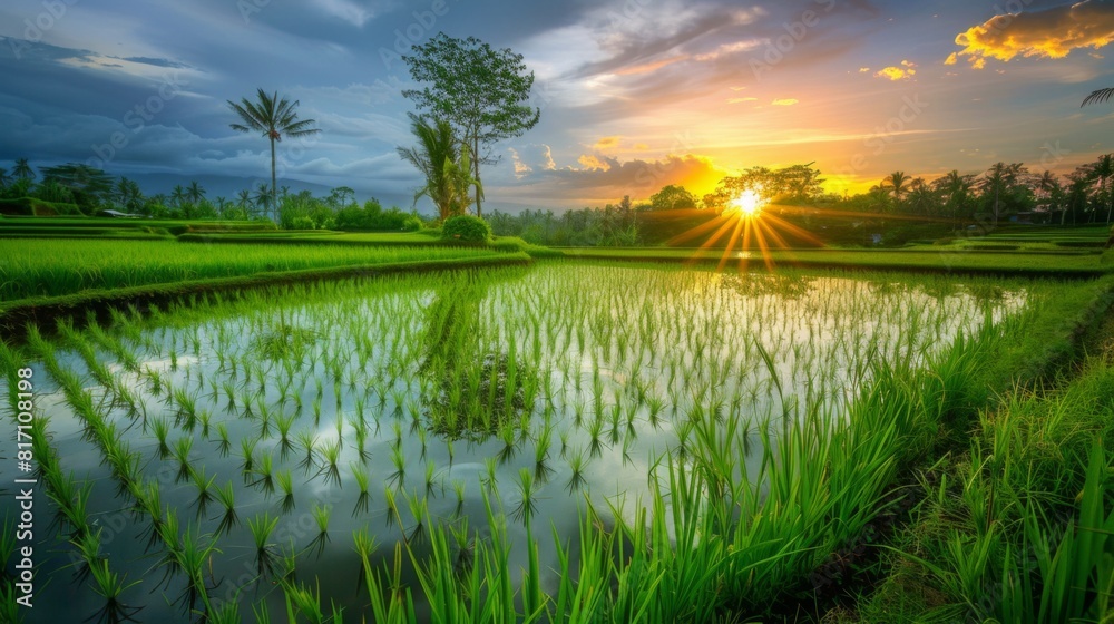Poster Scenic view of rice fields reflecting the colors of the setting sun, creating a peaceful and tranquil atmosphere.