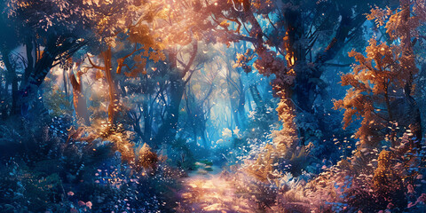 Obraz premium Capture the essence of ethereal beings in a secluded forest, painted with vibrant watercolors Emphasize intricate details and employ a whimsical perspective to intrigue viewers