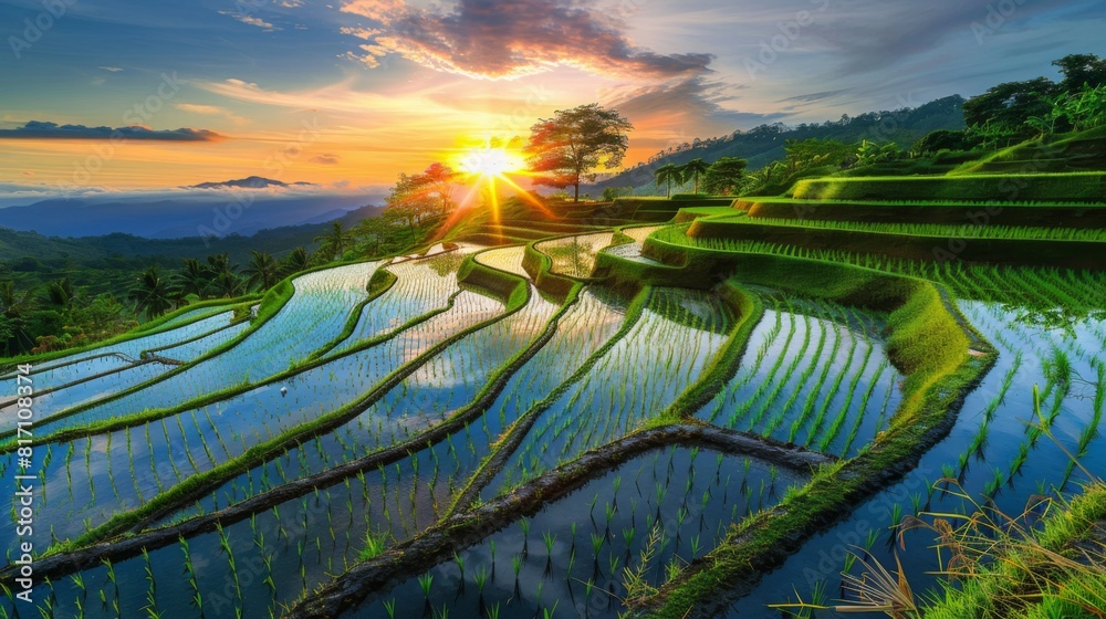 Poster Scenic view of rice fields reflecting the colors of the setting sun, creating a peaceful and tranquil atmosphere.