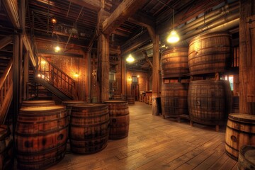 Traditional Brewery Interior with Oak Aging Barrels and Modern Touches