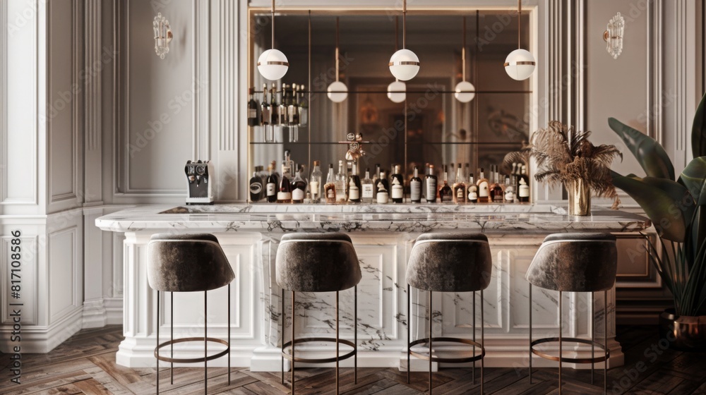 Poster a stylish marble bar counter with four sleek barstools, adorned with modern pendant lights in an ups