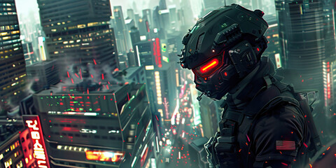 A Cybernetically Enhanced Warrior Overlooks the Thriving Neon Cityscape: Technological Pinnacle of the Cyberpunk Era