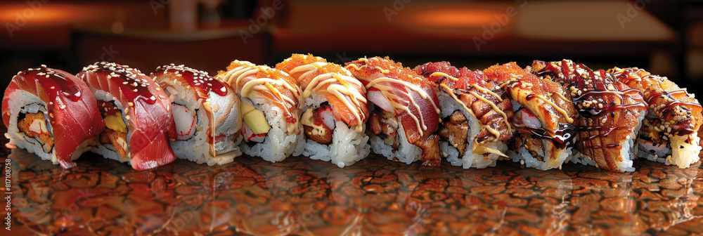 Poster assorted sushi rolls with colorful toppings
