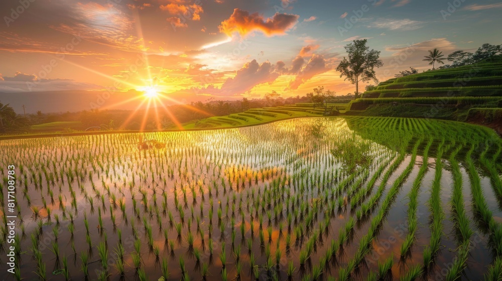Poster Scenic view of rice fields reflecting the colors of the setting sun, creating a peaceful and tranquil atmosphere.