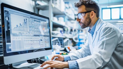 Scientist analyzing a data graph on a lab computer, with laboratory equipment in the background.