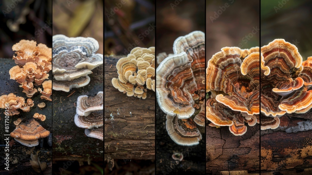 Poster shelf fungi in various stages of growth on a log, providing a detailed look at the lifecycle of thes