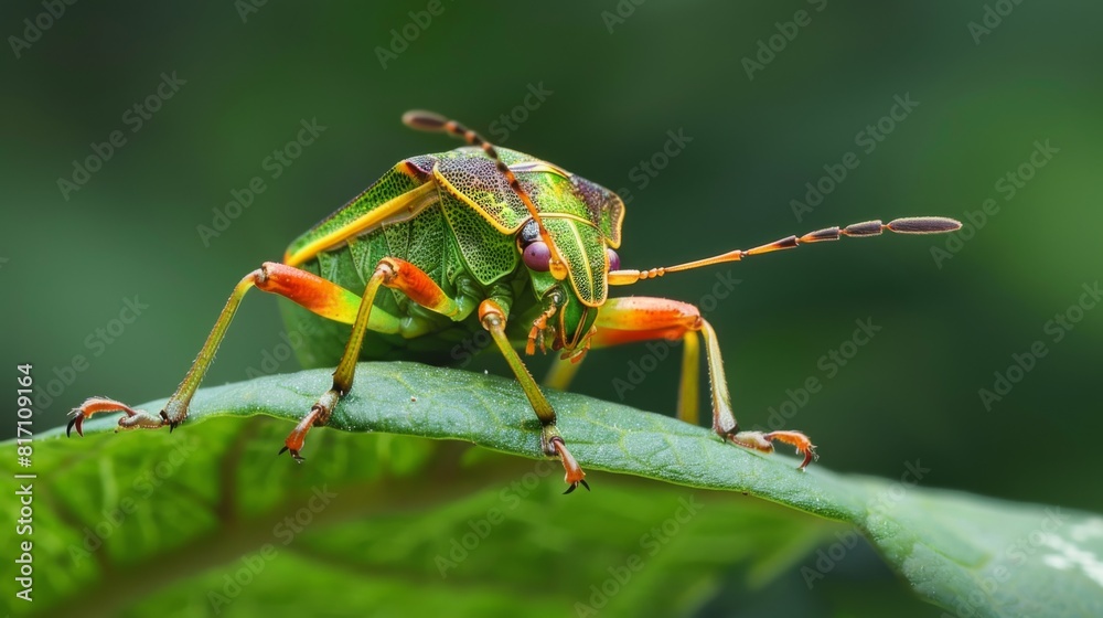 Poster Shield bug sitting on a leaf, displaying its distinctive shape and colors.
