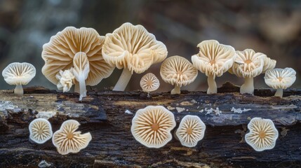 Shelf fungi in various stages of growth on a log, providing a detailed look at the lifecycle of these forest organisms.