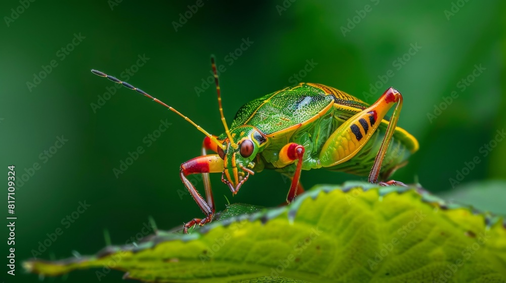 Fototapete shield bug sitting on a leaf, displaying its distinctive shape and colors.
