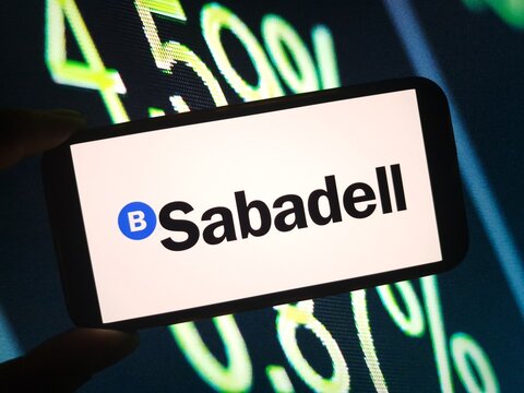 Konskie, Poland - May 15, 2024: Banco Sabadell company logo displayed on mobile phone