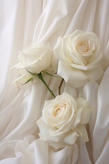 Cream white roses on luxury elegant white silk background with draperies