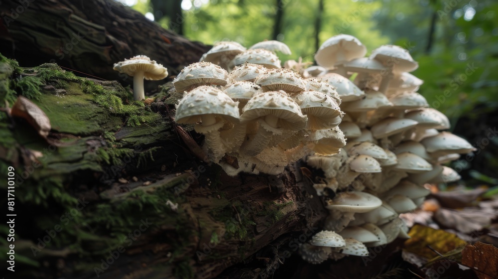 Poster Small cluster of white mushrooms emerging from the bark of a fallen tree in a damp woodland setting.